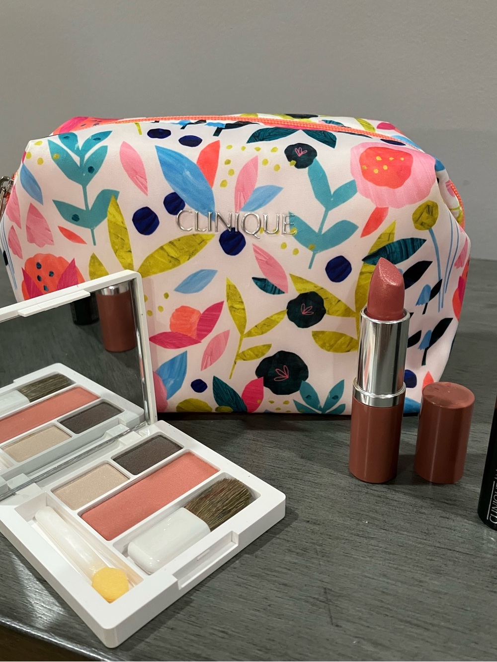Clinique Pink Floral Print Makeup Pouch bundle